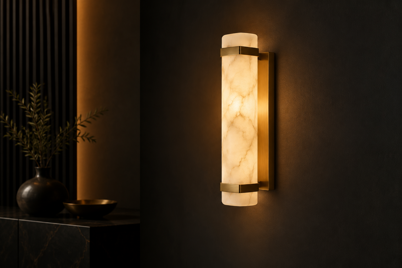 Alabaster wall sconce glowing above a dark console table in a compact interior