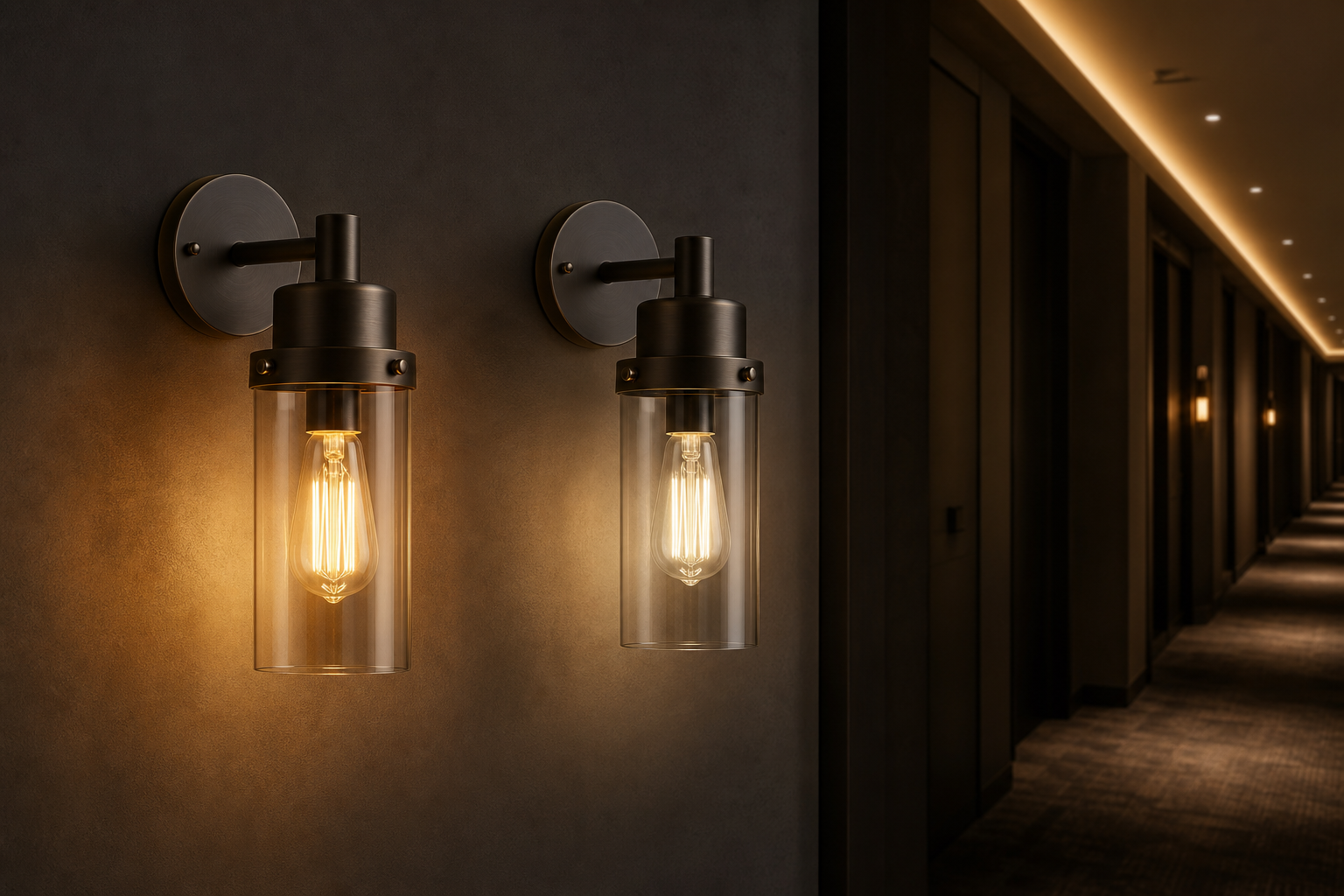 Two wall lamps glowing at 2700K and 3000K side by side in a dark hotel corridor