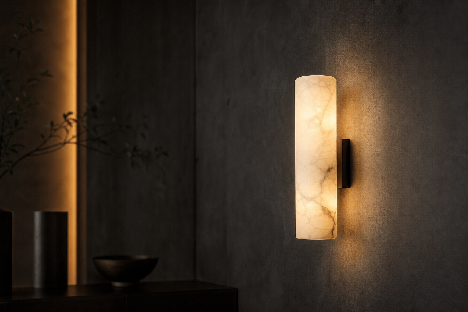 Alabaster wall lamp glowing softly in a dark elegant interior