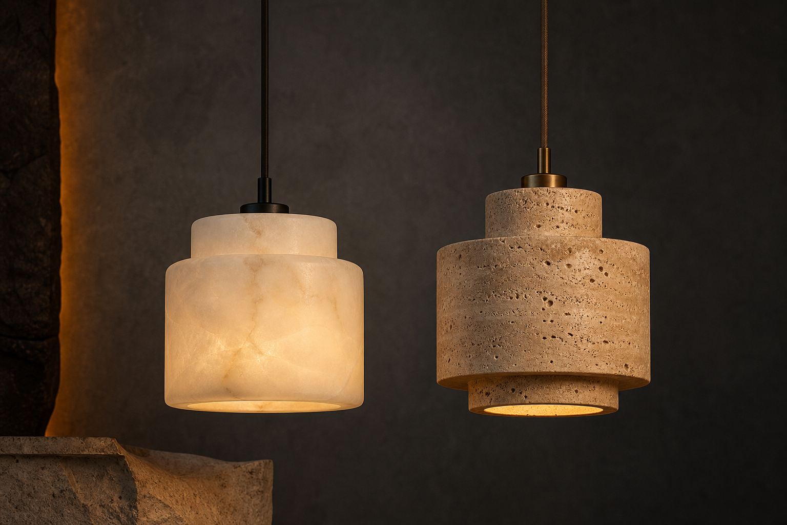 Translucent alabaster pendant and textured travertine table lamp glowing side by side in a dark interior