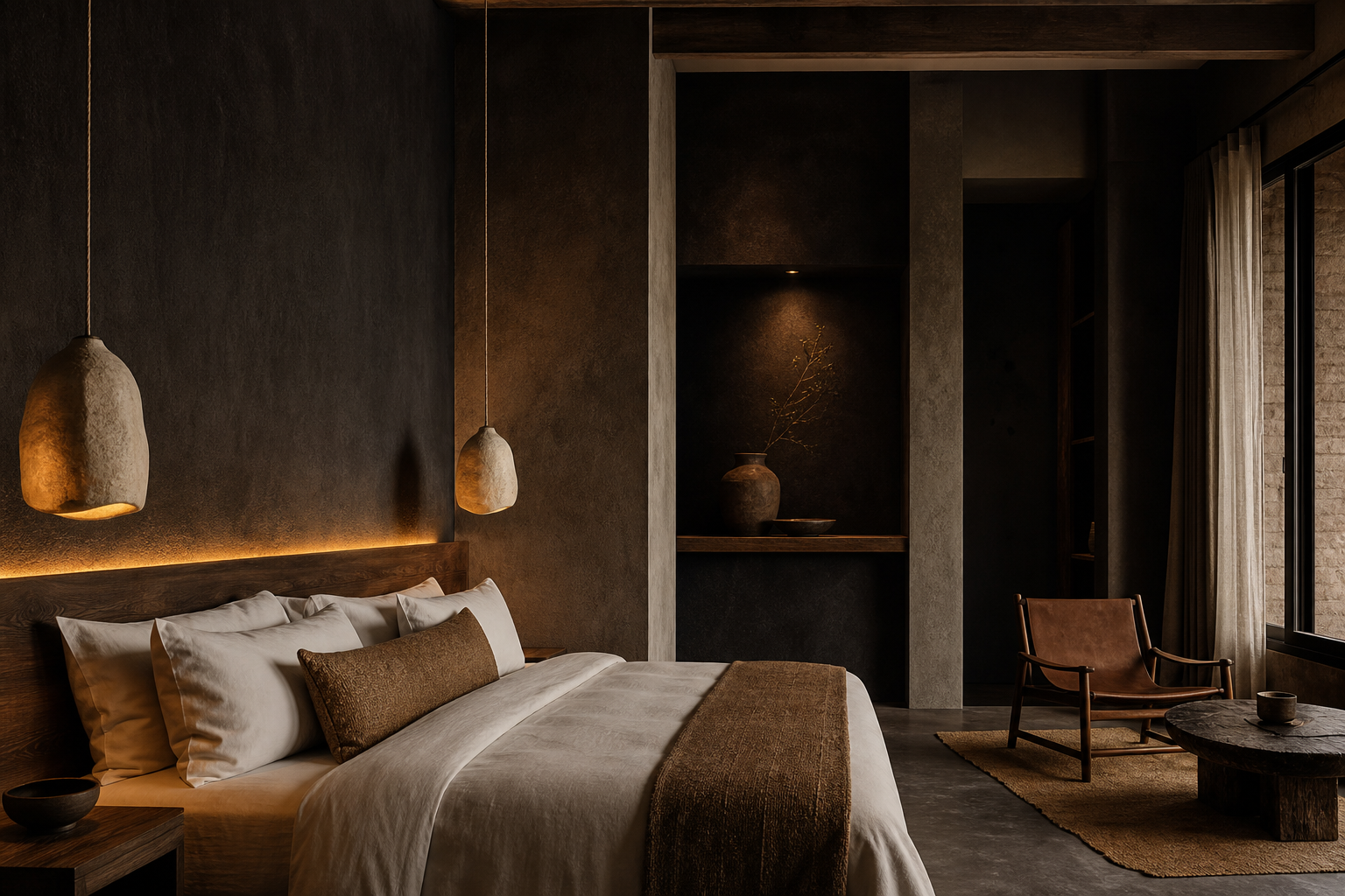 Boutique hotel room with wabi-sabi pendant and warm textures