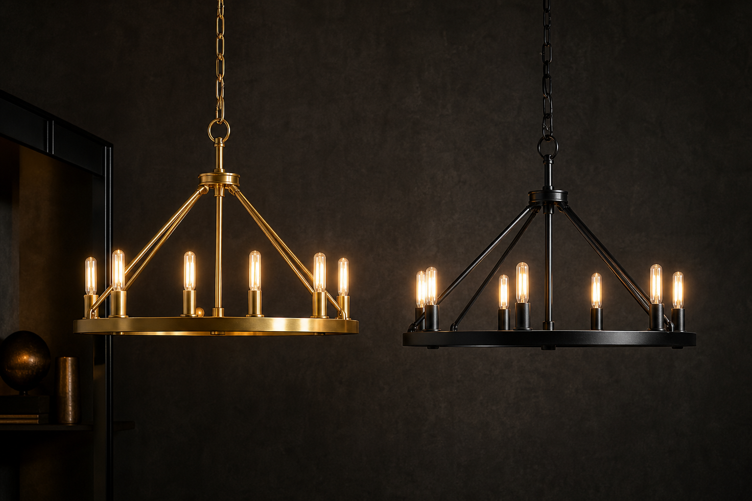 Brass chandelier and black metal chandelier side by side in a dark interior