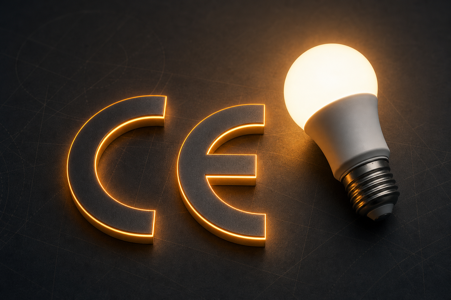 CE mark concept with a glowing LED bulb on a dark technical background
