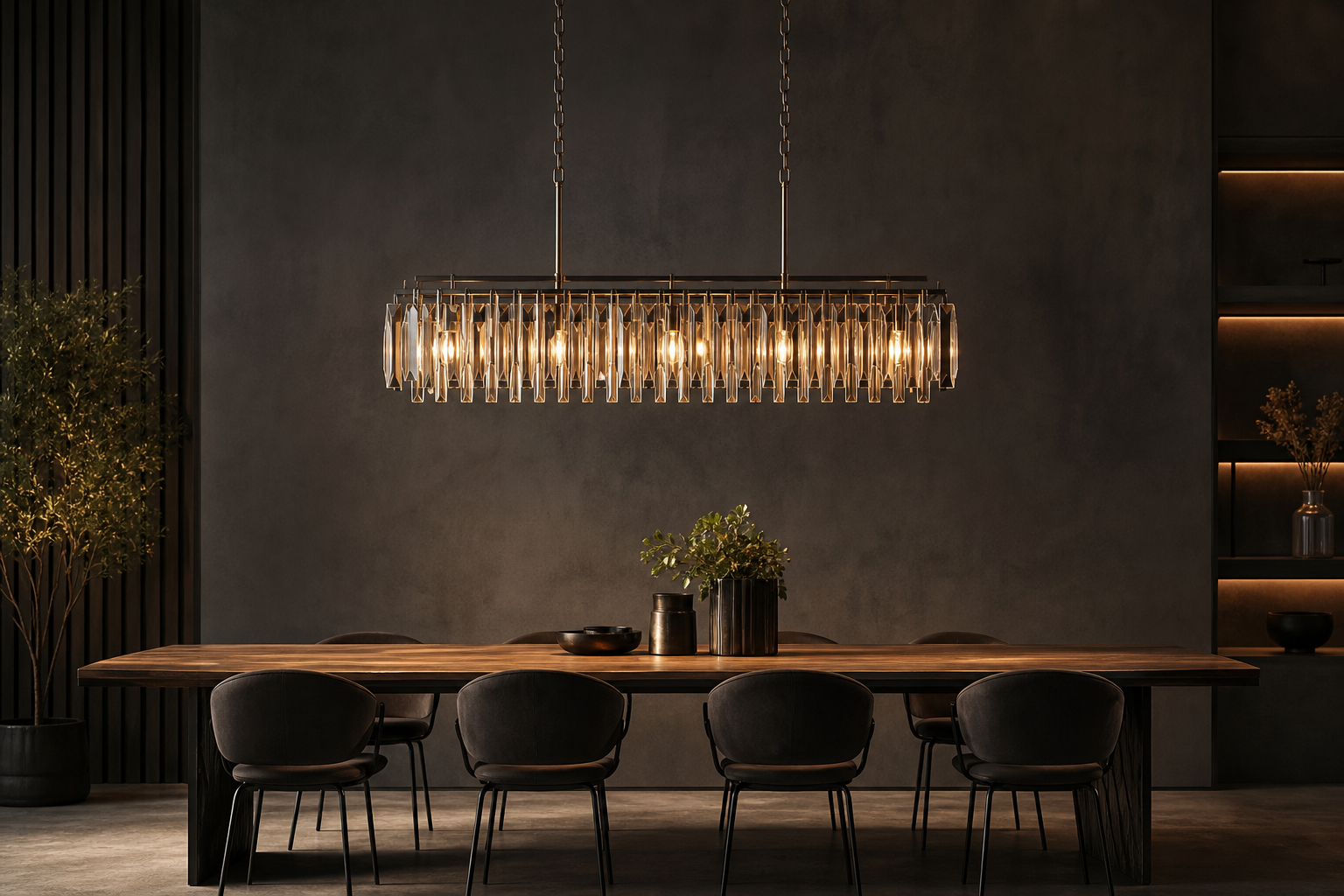 Chandelier above a long dining table showing proportion in a dark elegant interior