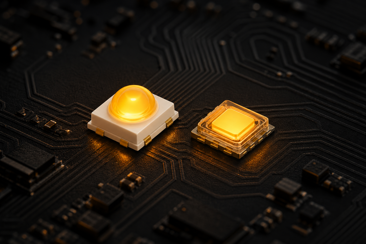Macro comparison of a COB LED array and individual SMD LED packages on a dark circuit board