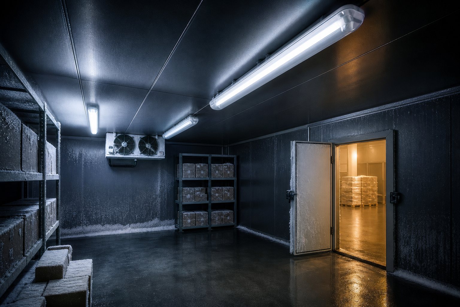 Cold storage facility with sealed LED battens in blue frost light