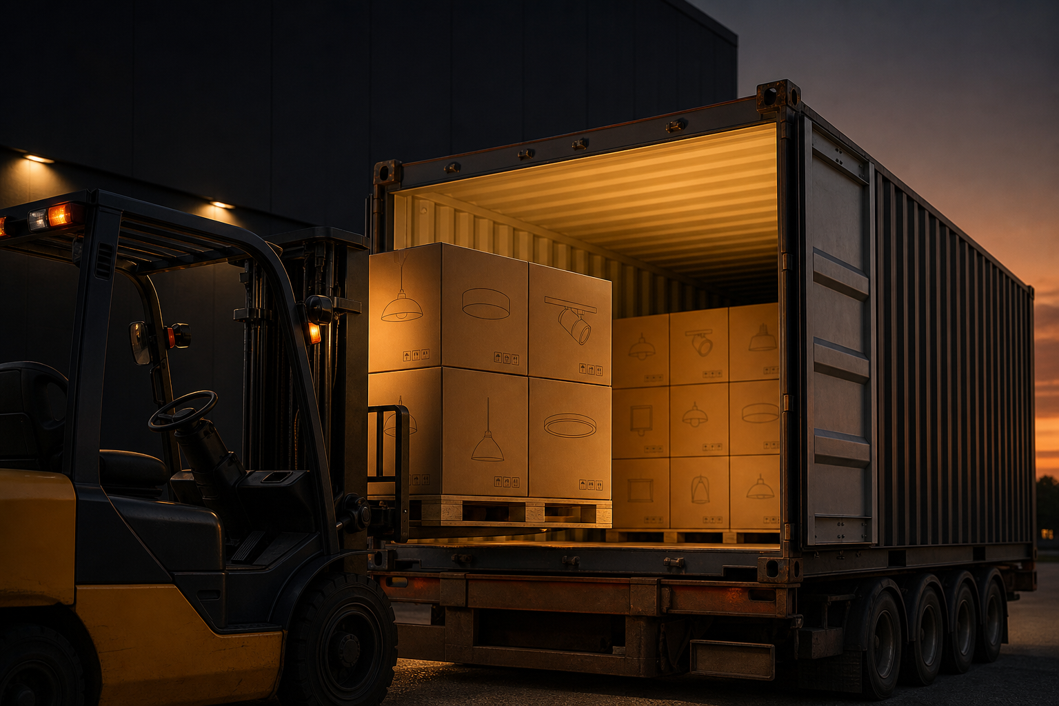 Shipping container being loaded with labeled lighting cartons at dusk