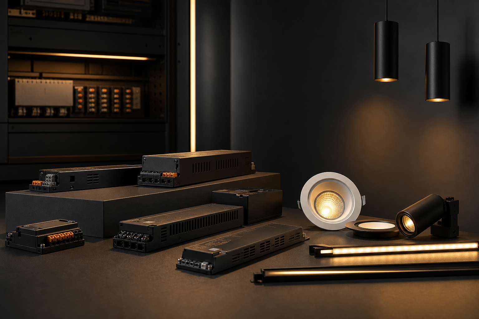 DALI control gear modules and dimmable luminaires wired in a dark technical room