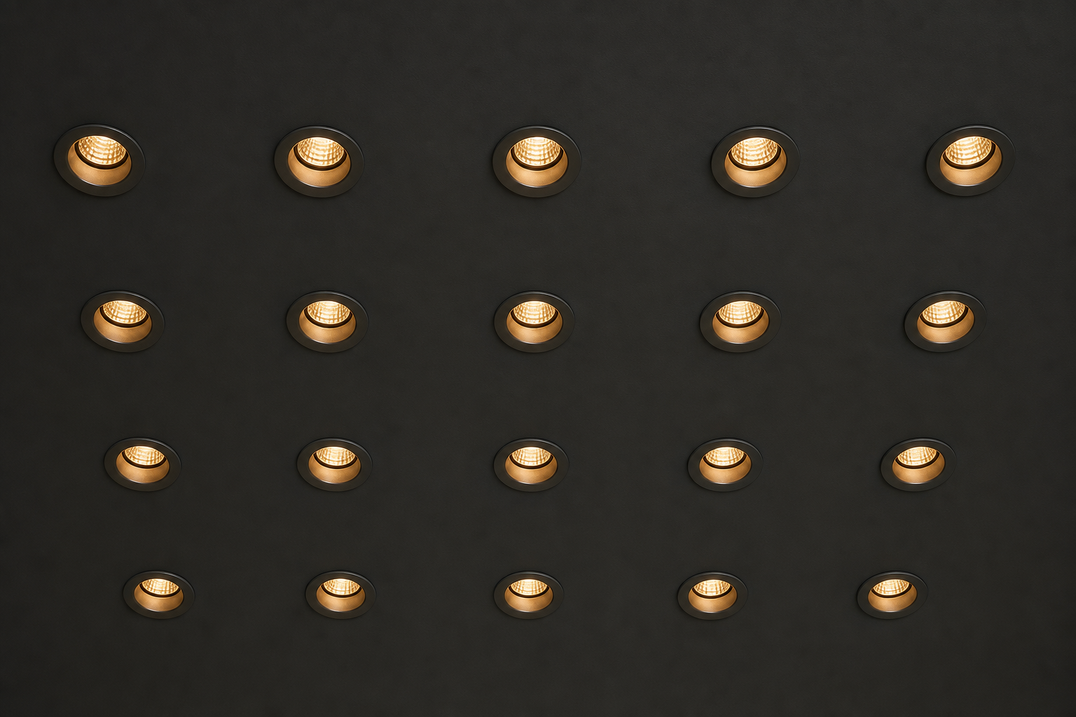 Grid of recessed downlights in a dark ceiling with even spacing