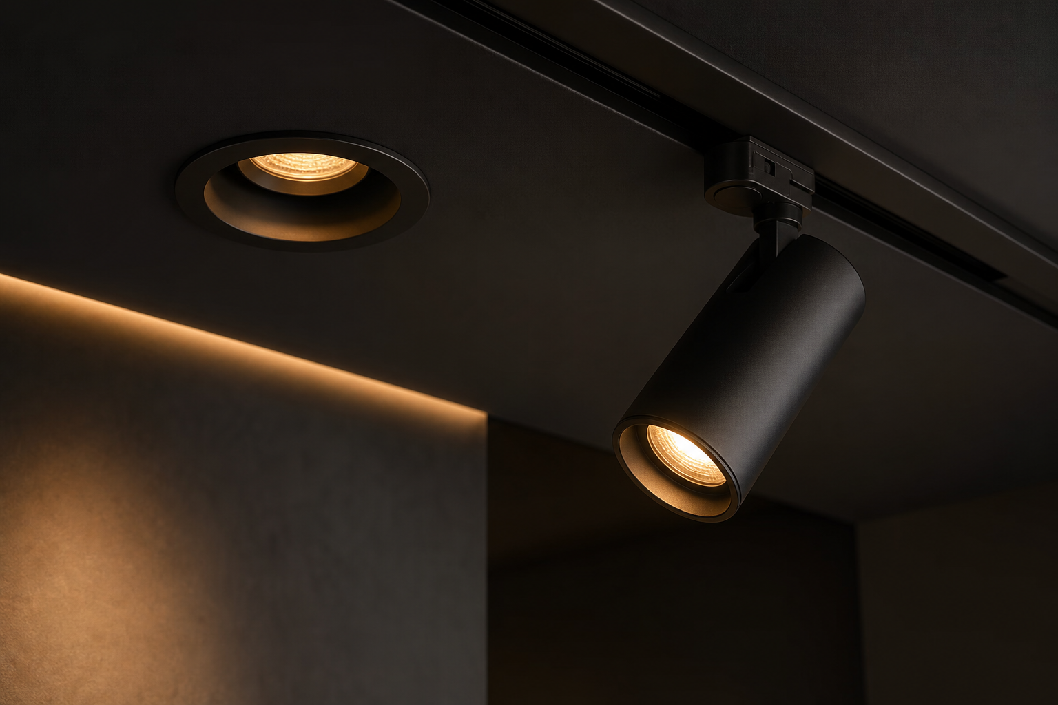 Fixed recessed downlight and adjustable spotlight installed side by side in a dark ceiling