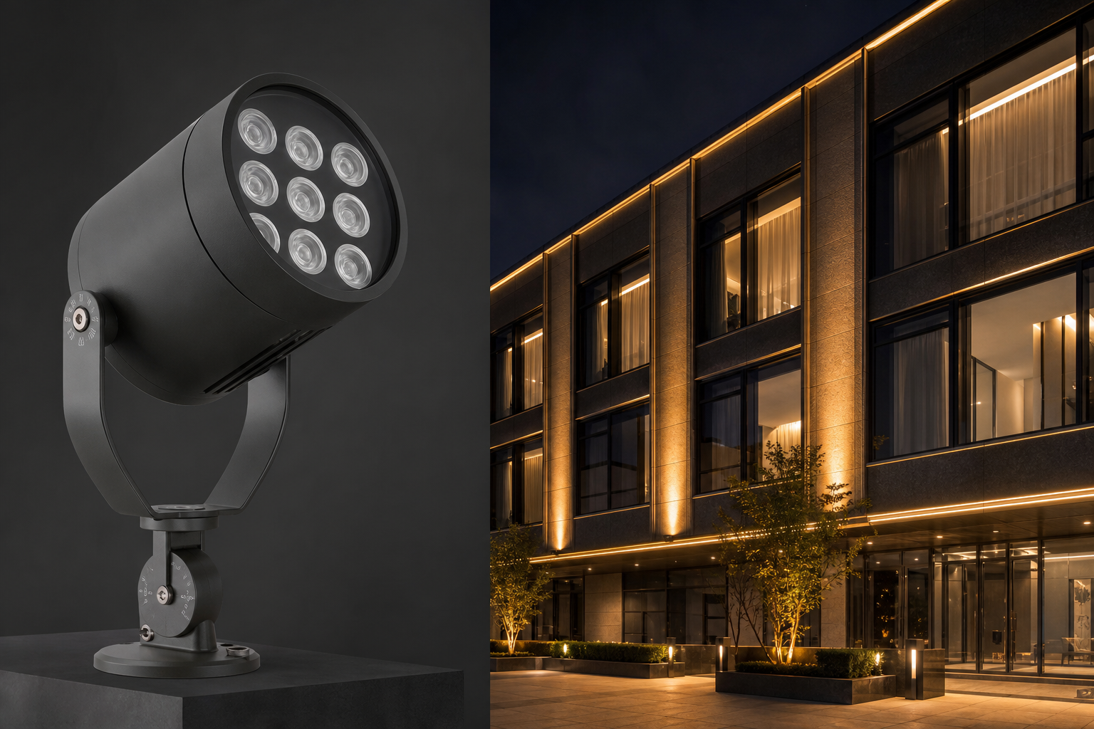 Smart building facade at night with responsive lighting