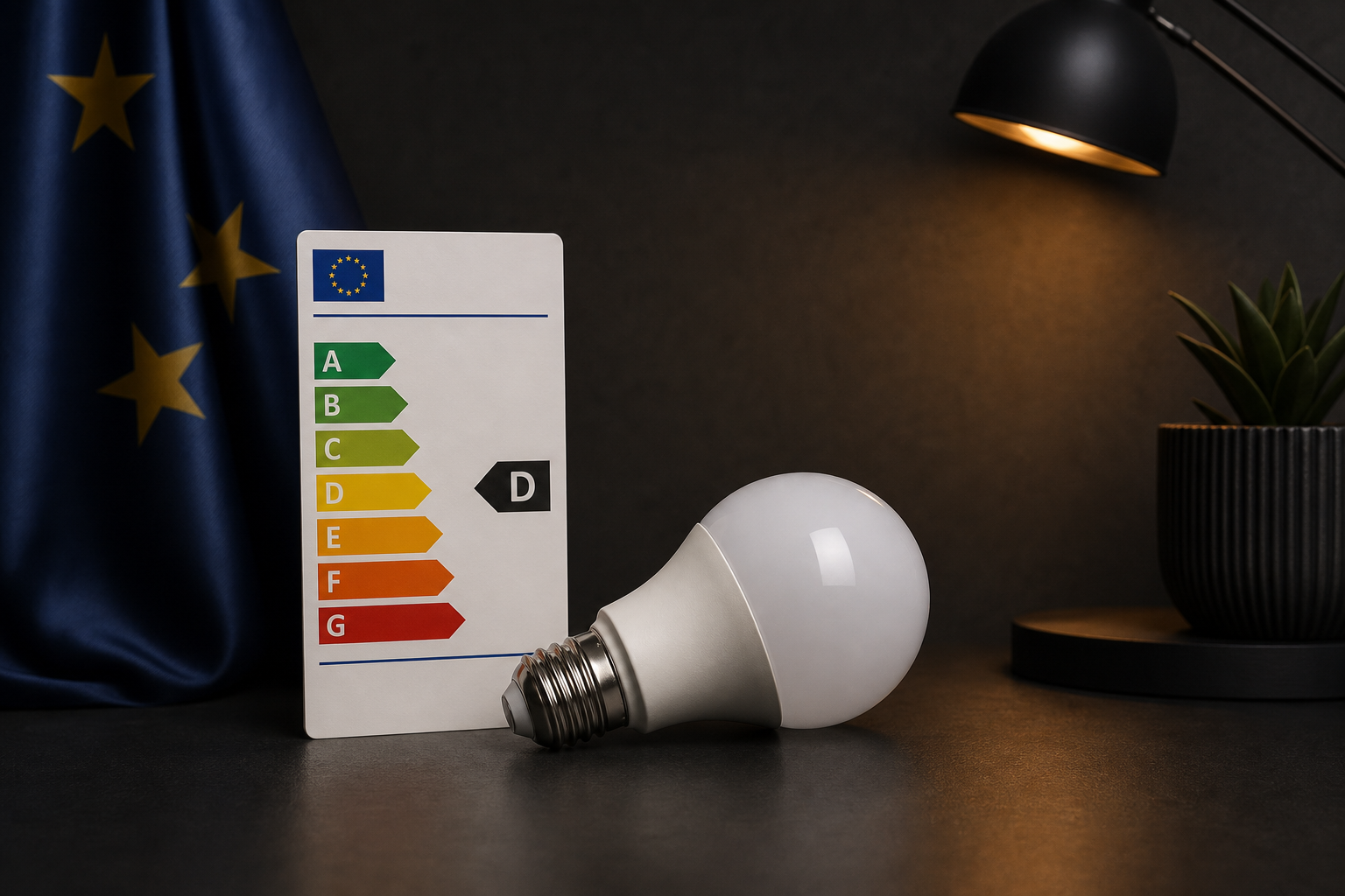 Energy label and LED lamp on a dark desk