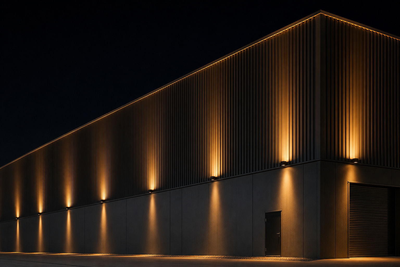 Building facade with amber grazing light at night, dark sky