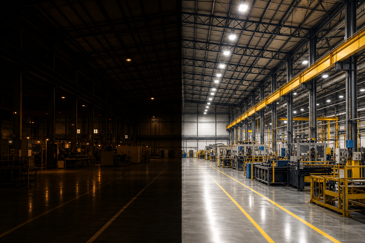 Factory floor before and after LED retrofit, dark and lit halves