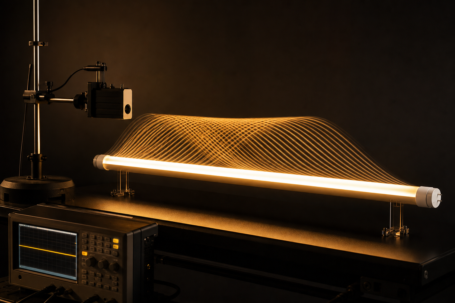 LED tube light with a smooth light trail showing no flicker in a dark lab