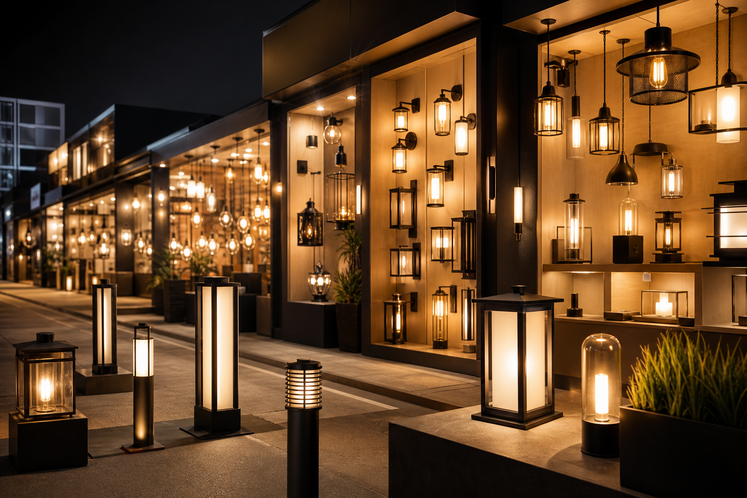 Busy lighting marketplace with glowing storefronts at night
