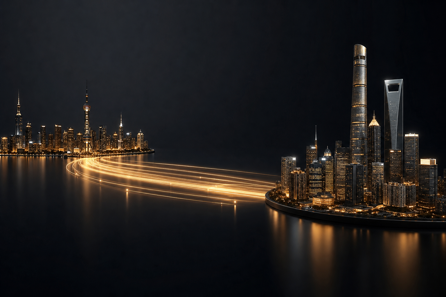 Two city skylines connected by glowing light lines at night