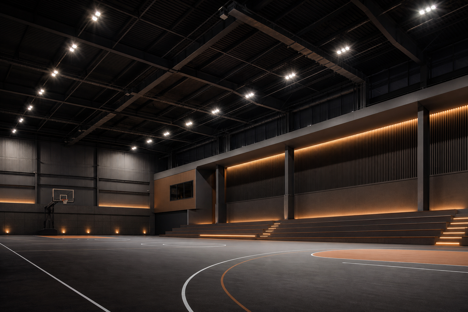 Indoor sports hall with high bay LED lighting at night
