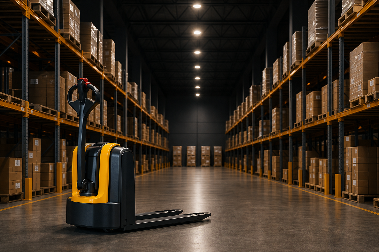 Warehouse aisle with evenly spaced high bay lights in perspective