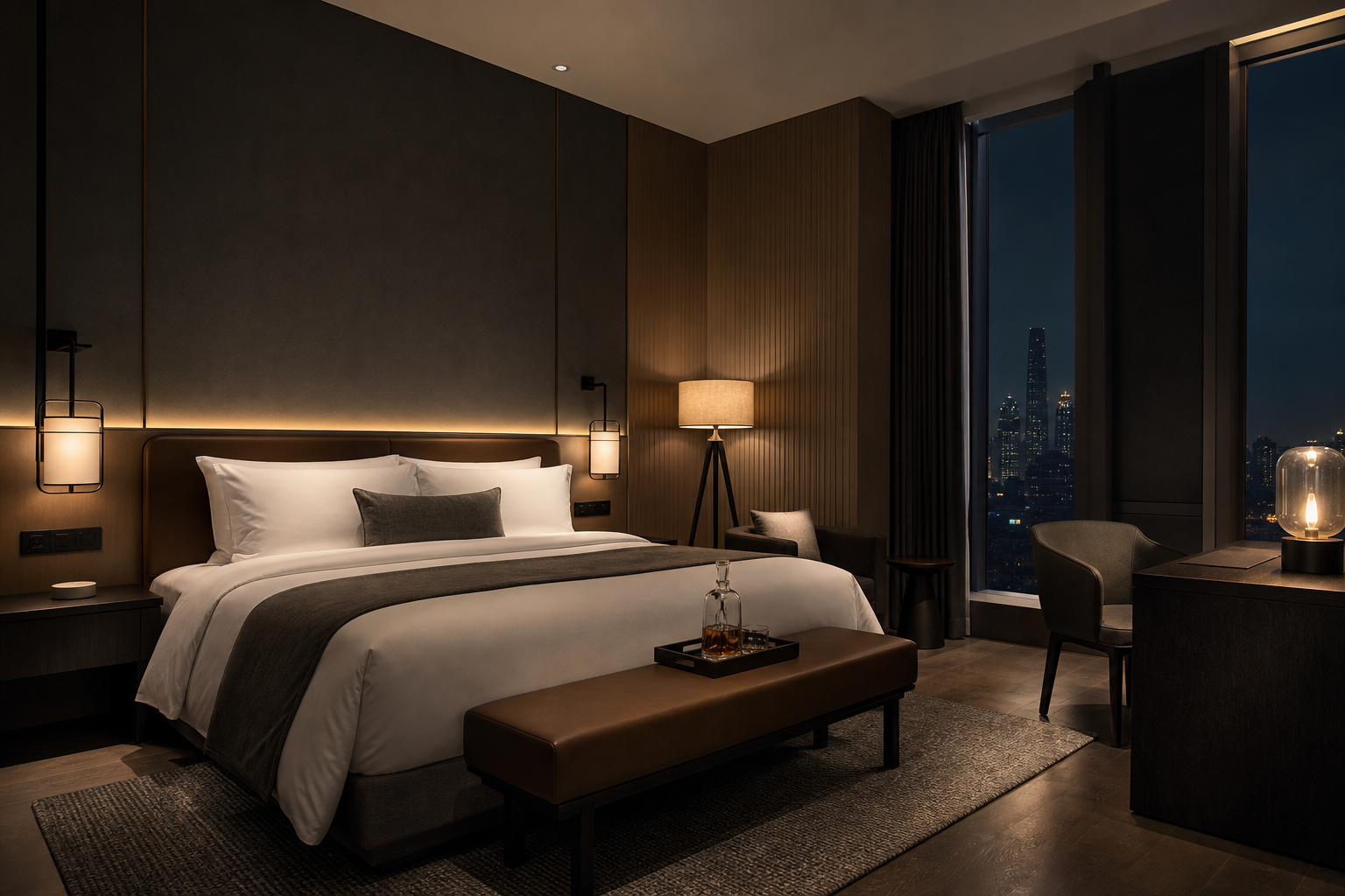 Elegant hotel guestroom with layered warm lighting over bed and desk
