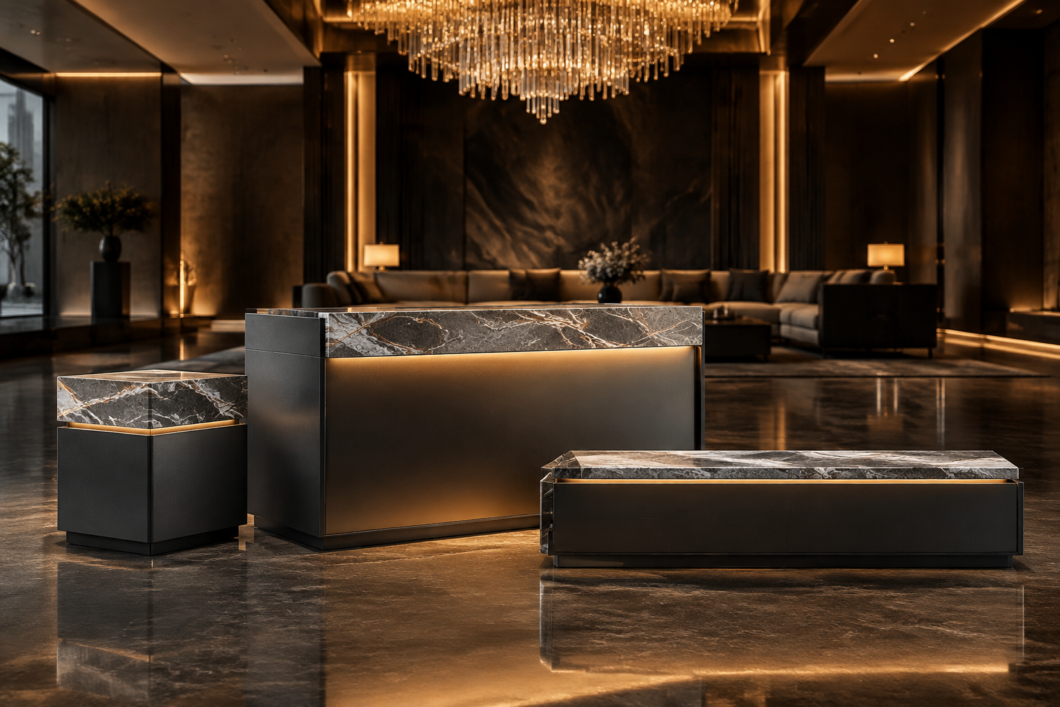 Luxurious dark hotel lobby layered with chandelier and warm accent lighting