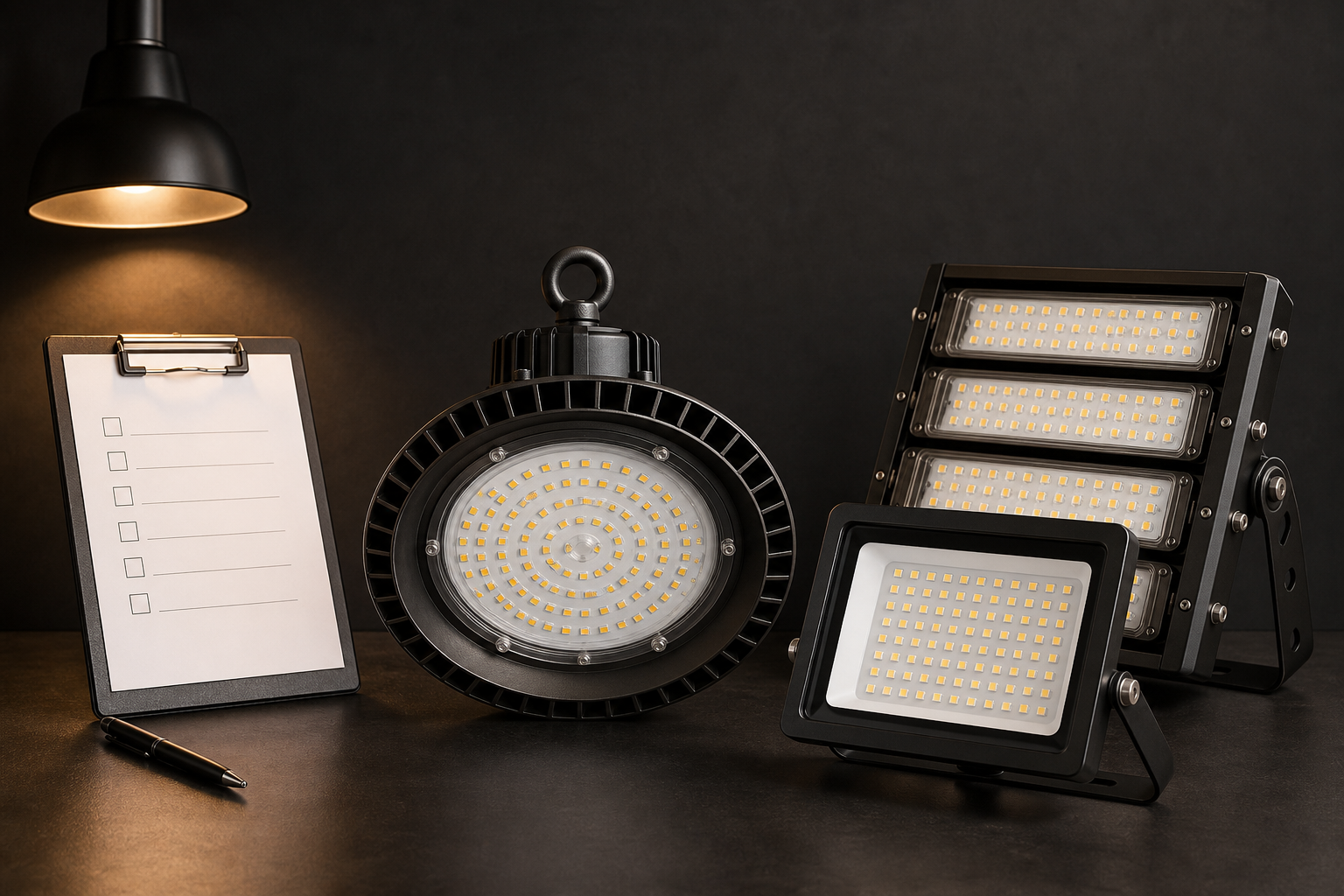 Inspection checklist and LED fixtures on a dark desk