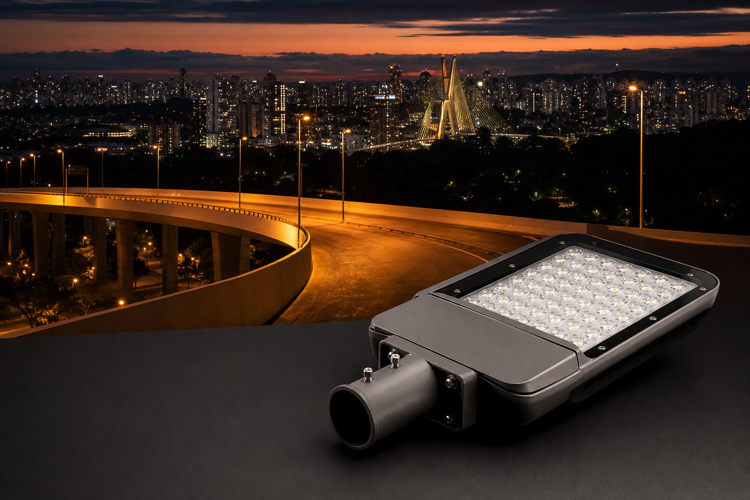 Brazil city lights at dusk with LED street lighting