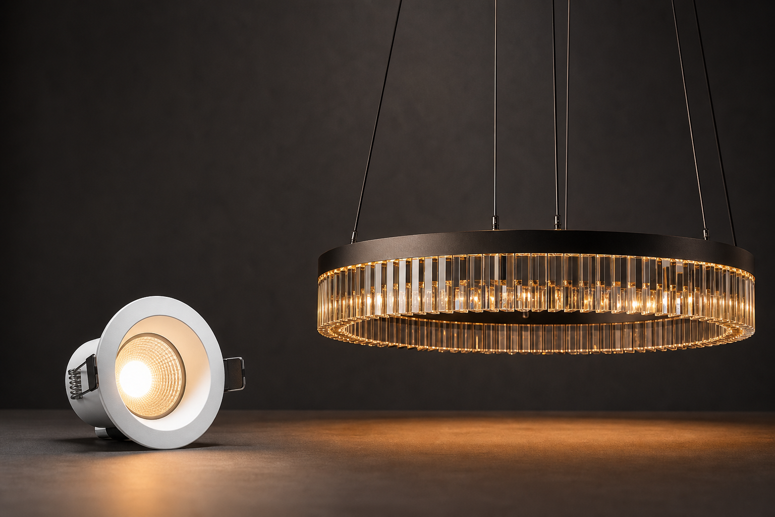 Standard LED downlight and custom large chandelier side by side in a dark studio