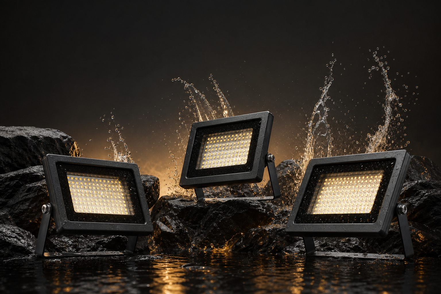 Three LED flood lights with water jets against a dark dramatic background