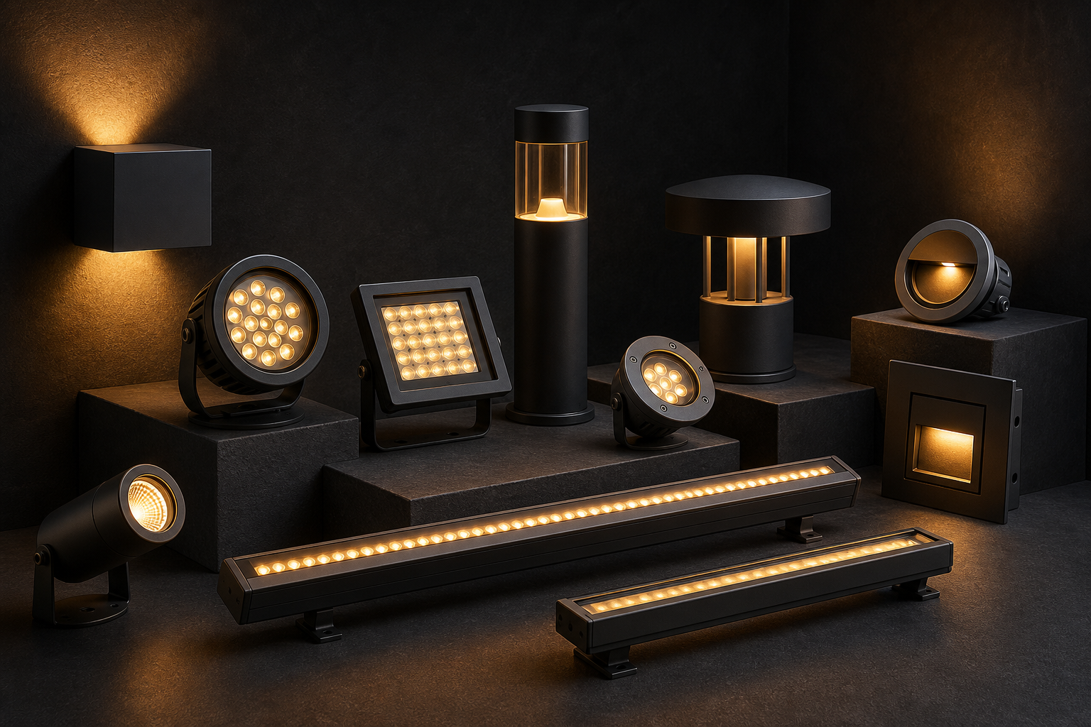 Assorted LED fixture family shot on a dark background with amber glow