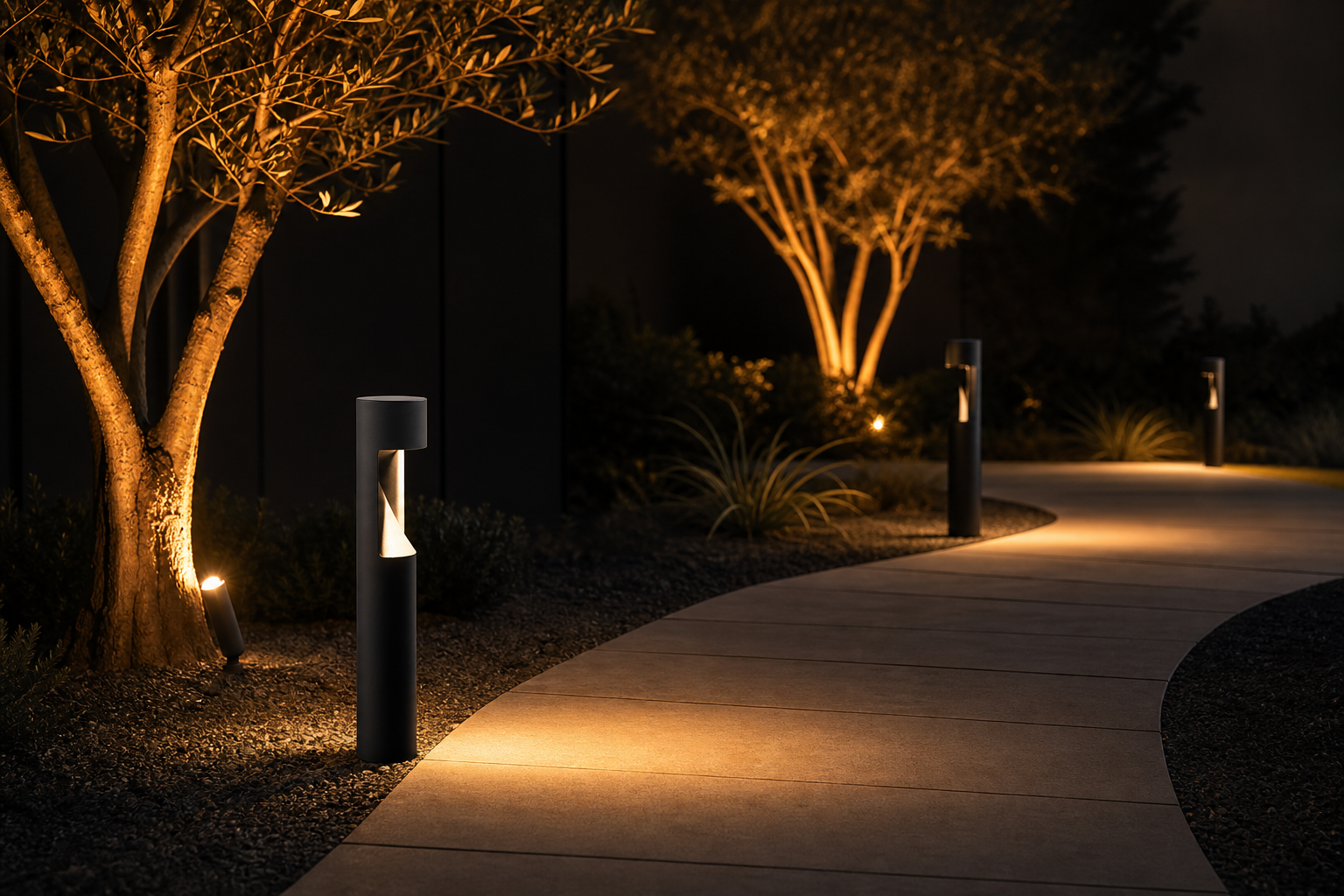Garden path lights and tree uplighting at night, warm amber