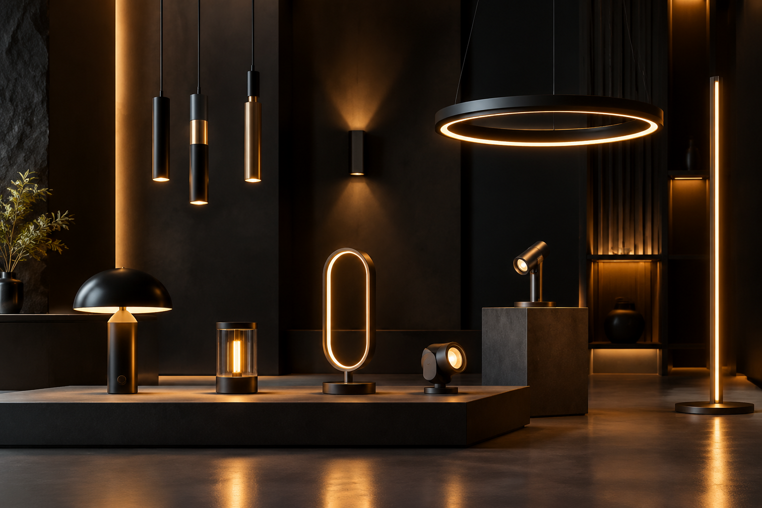 Futuristic lighting showroom with trend fixtures in amber and dark tones