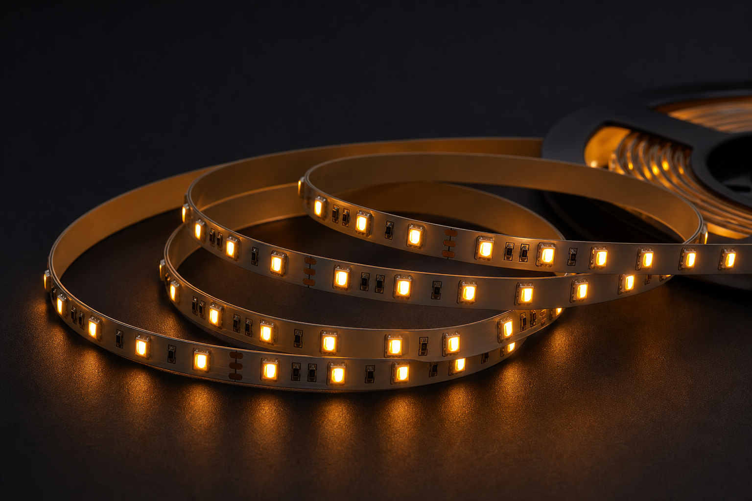 LED strip with SMD chips in macro on a dark surface with amber glow