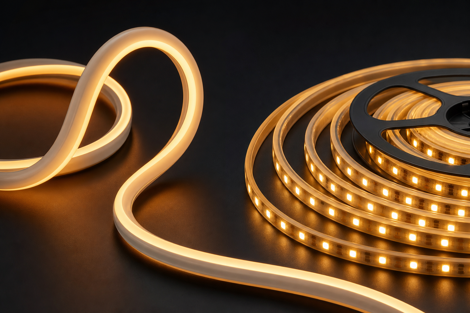 Silicone neon flex tube and exposed LED strip glowing side by side on a dark background