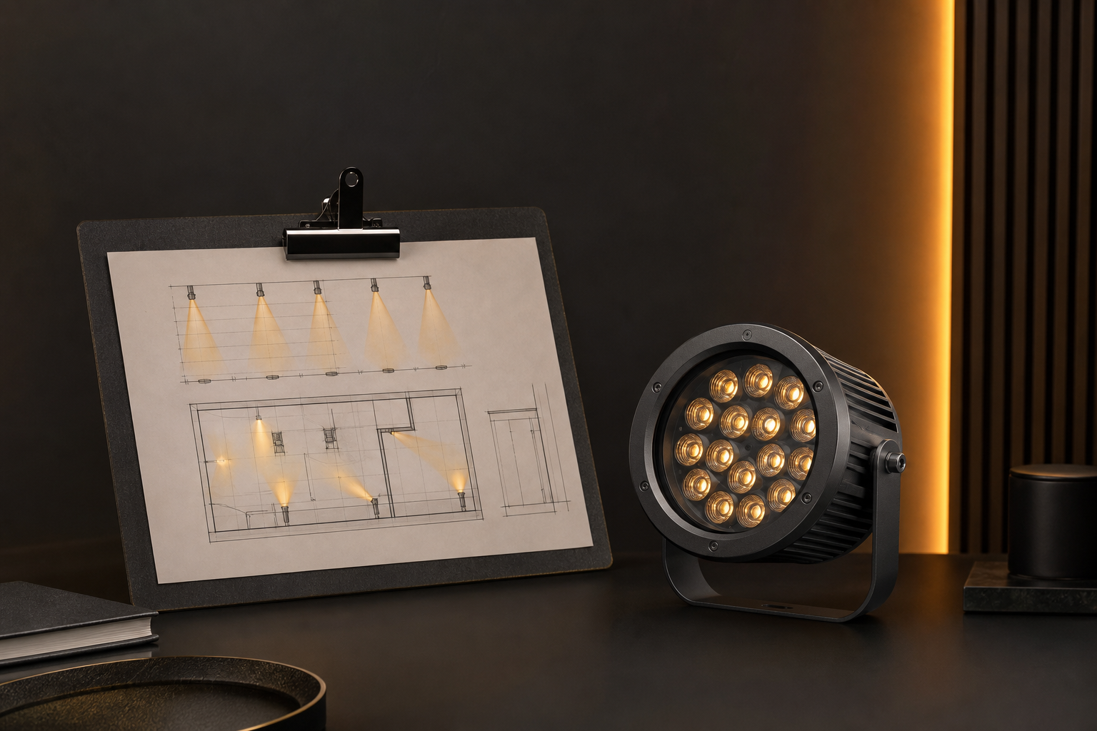 Clipboard with a lighting layout plan and an LED fixture on a dark desk