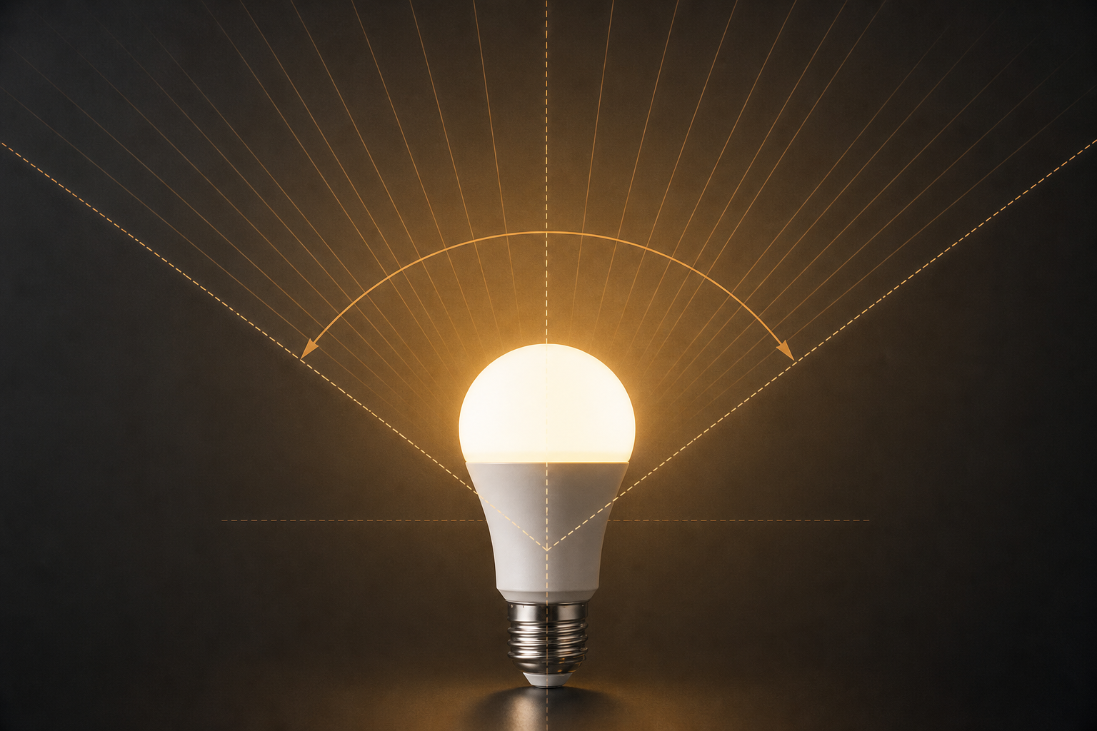 Glowing LED bulb with light rays diagram on a dark background
