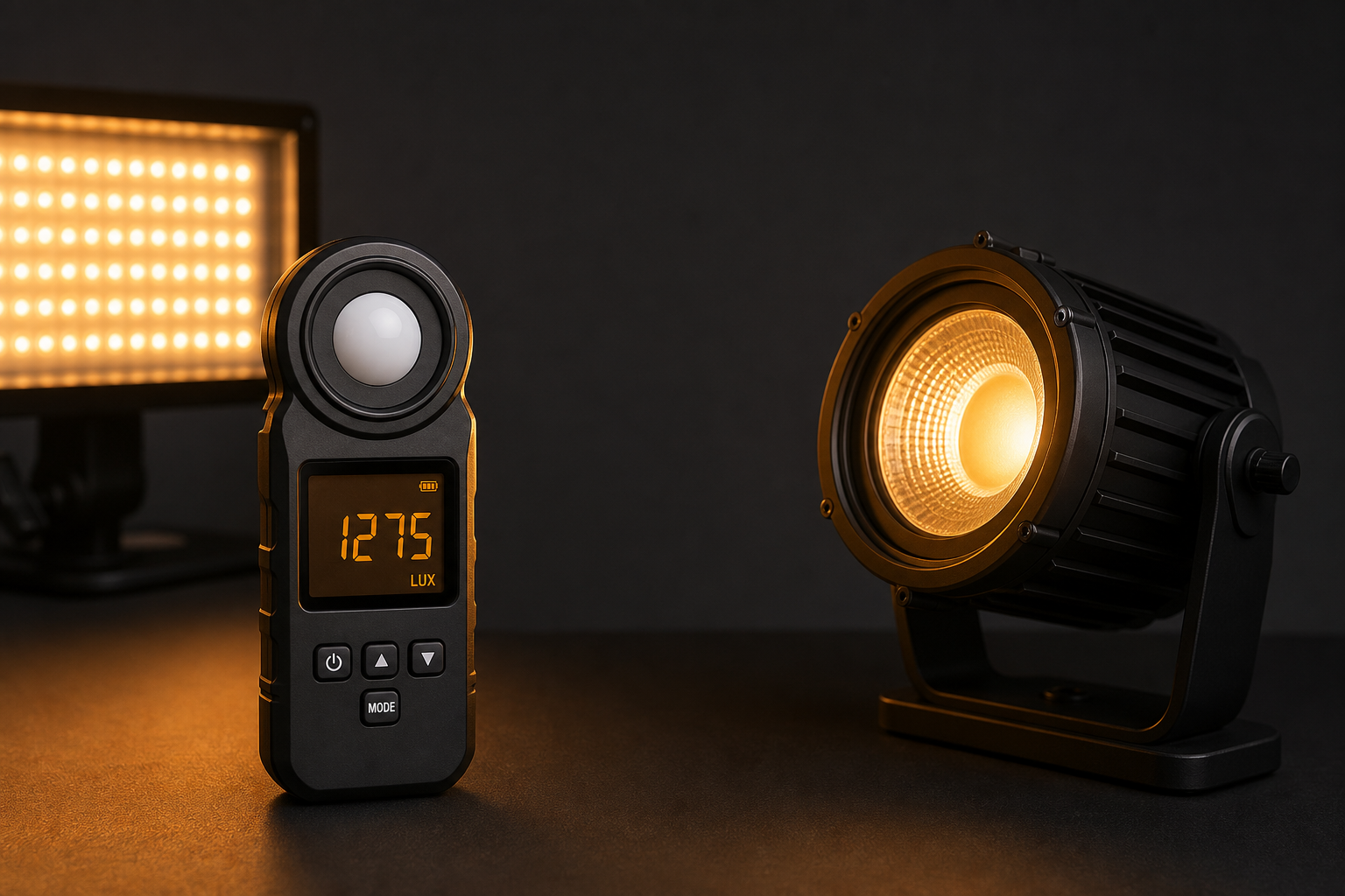 Lux meter and modern LED lights in a dark room with amber measurement glow