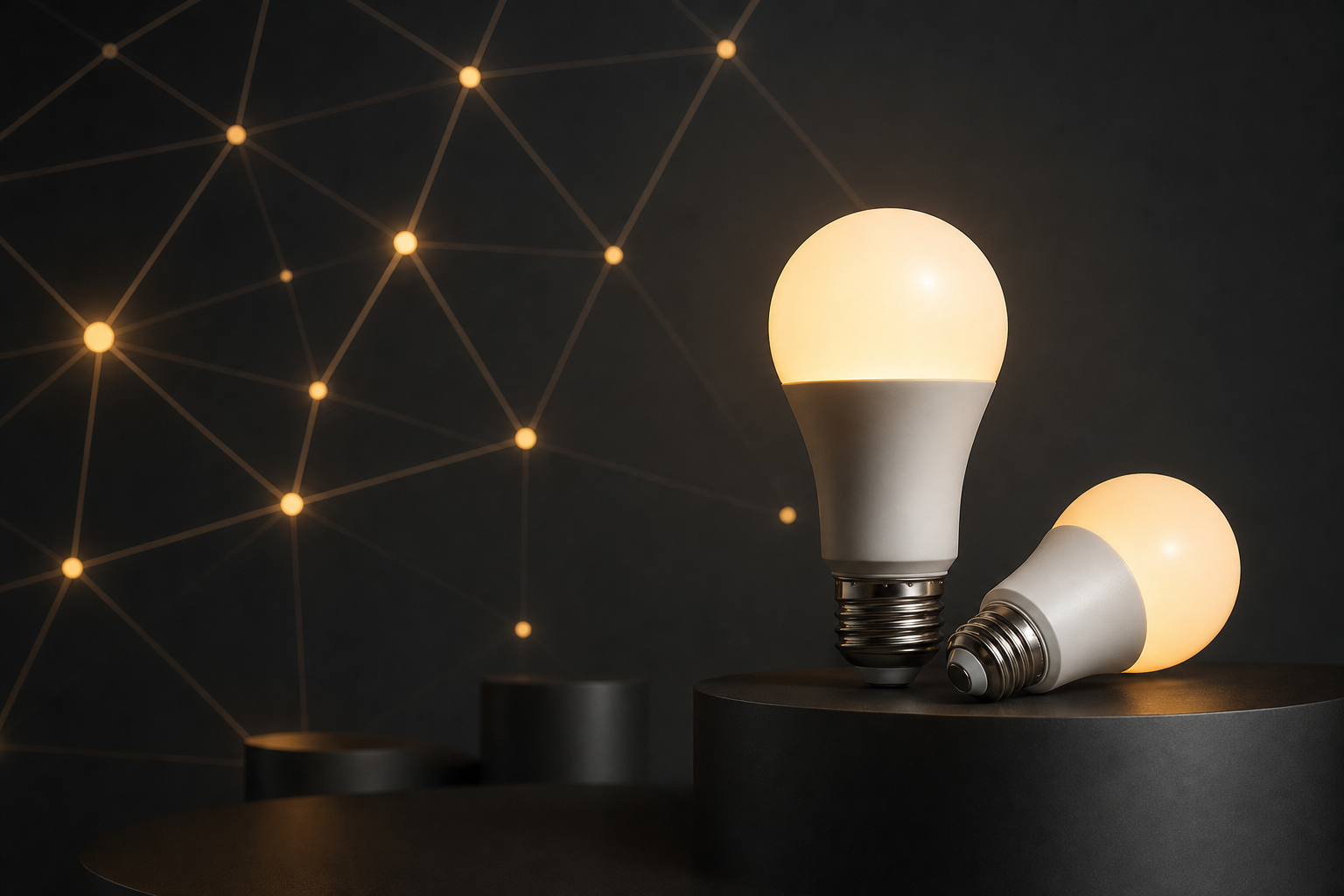 Smart LED bulbs and a wireless gateway glowing with network nodes on a dark background