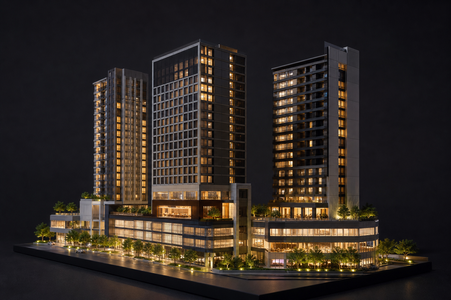 Mixed-use building complex at night with varied lighting scenes