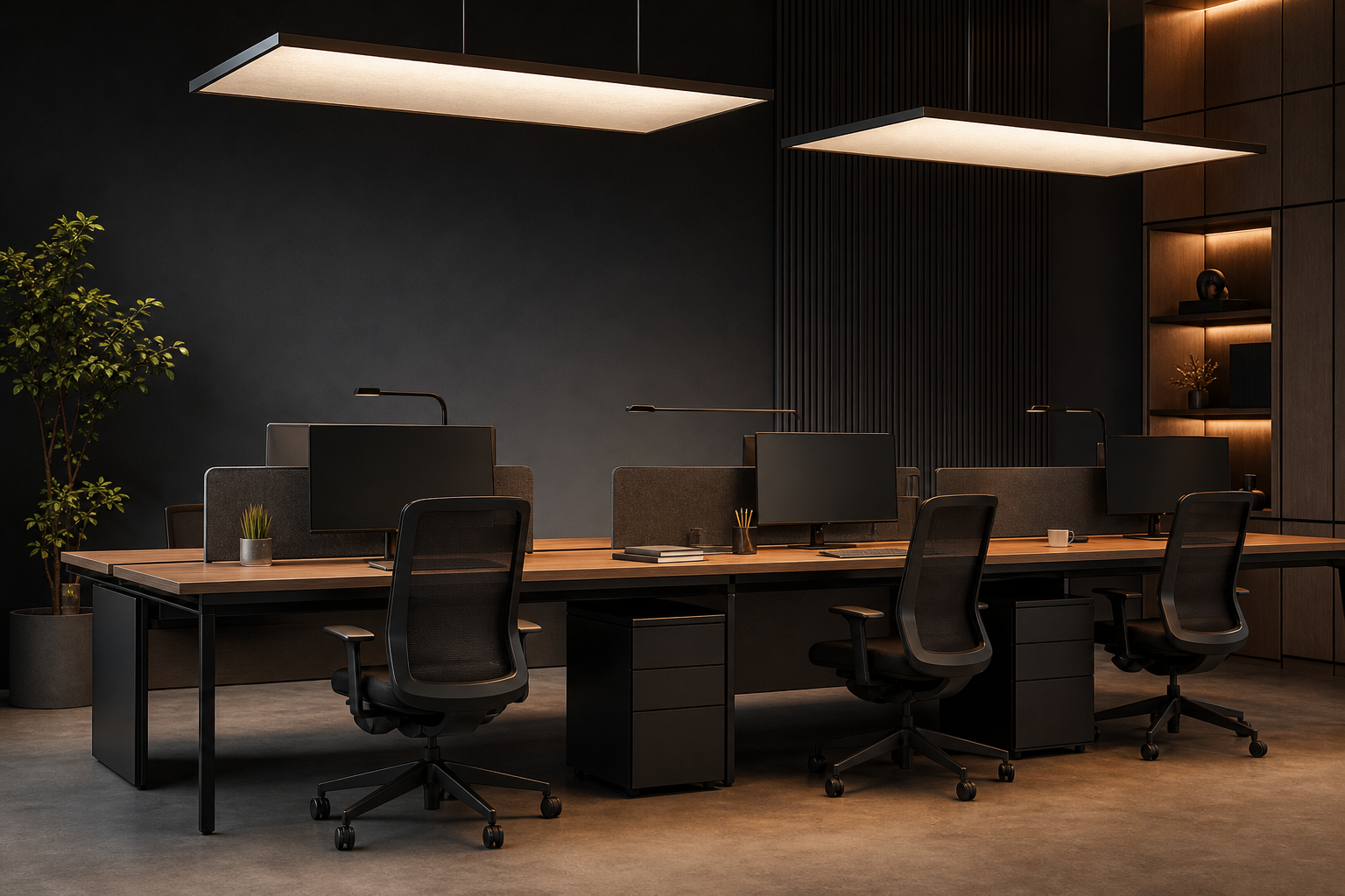 Modern dark office with LED panel lighting over workstations