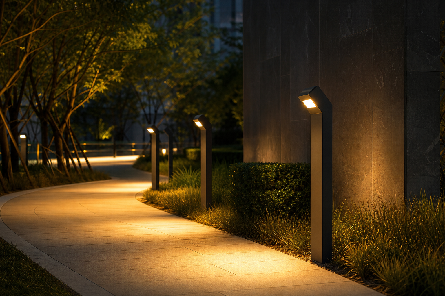 Park walkway with modern area lights at dusk, warm pools of light