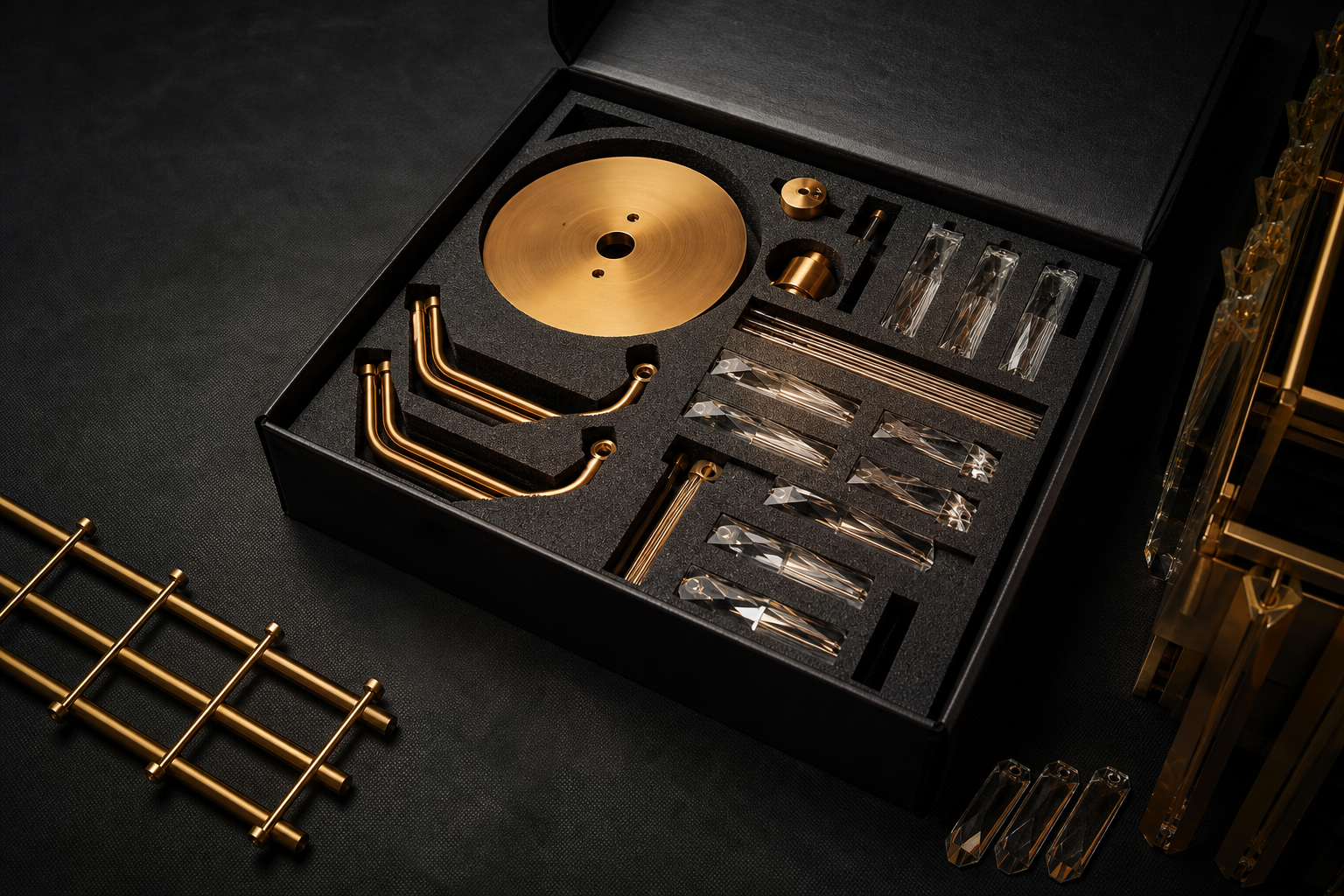 Chandelier parts neatly flat-packed in foam in dark technical photography