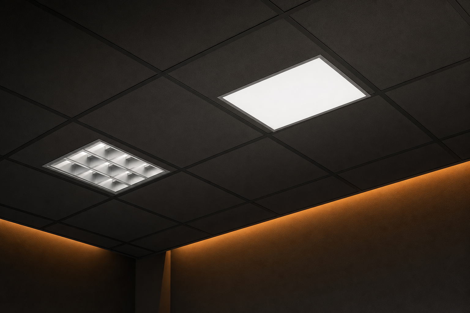 Edge-lit LED panel light and troffer fixture installed in a dark suspended ceiling grid