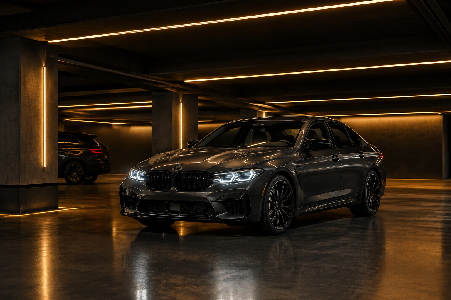 Underground parking garage with motion-activated LED lighting