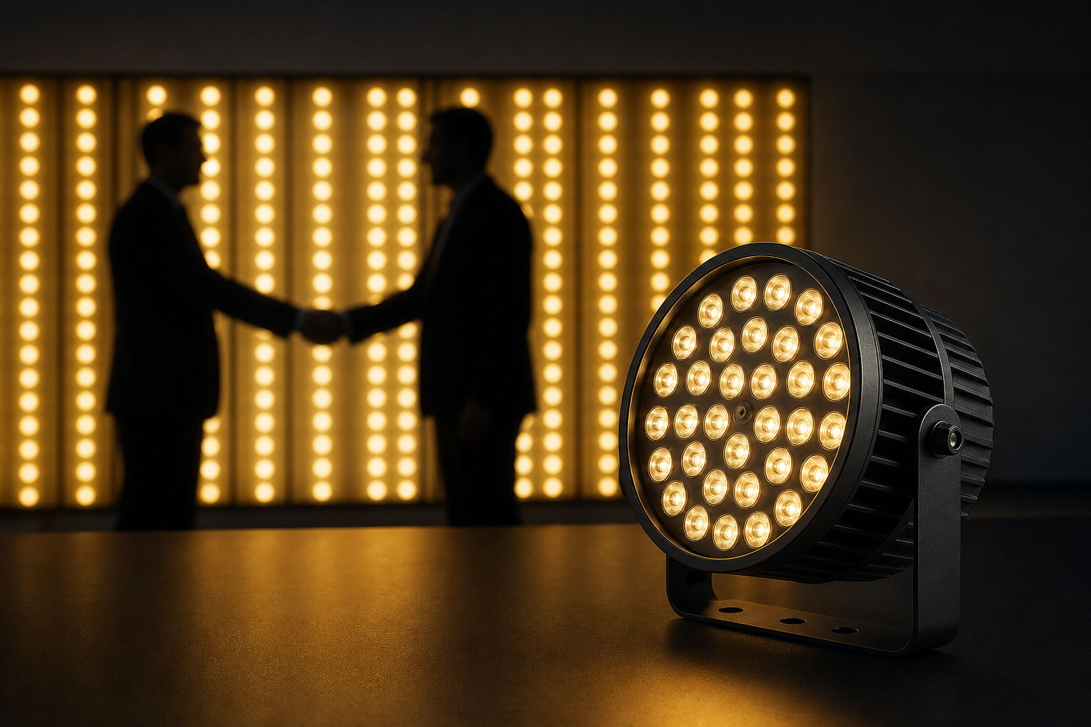 Business handshake silhouette against a glowing LED background