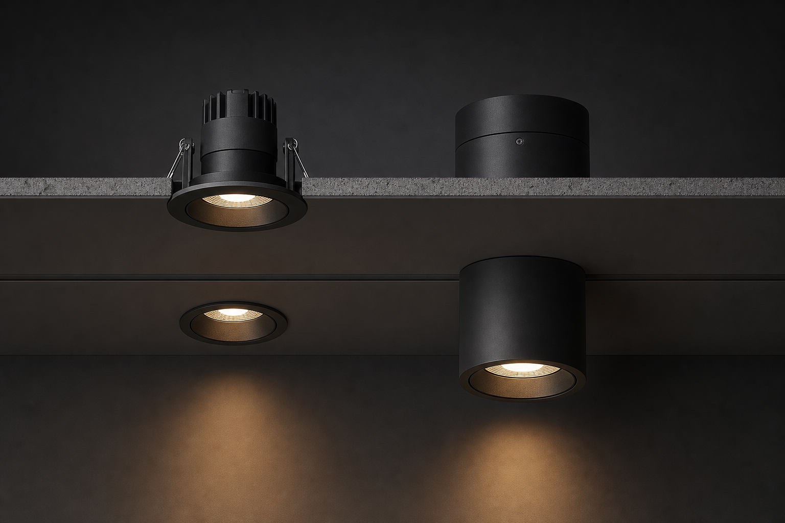 Recessed and surface mounted downlights shown in a dark ceiling cross-section