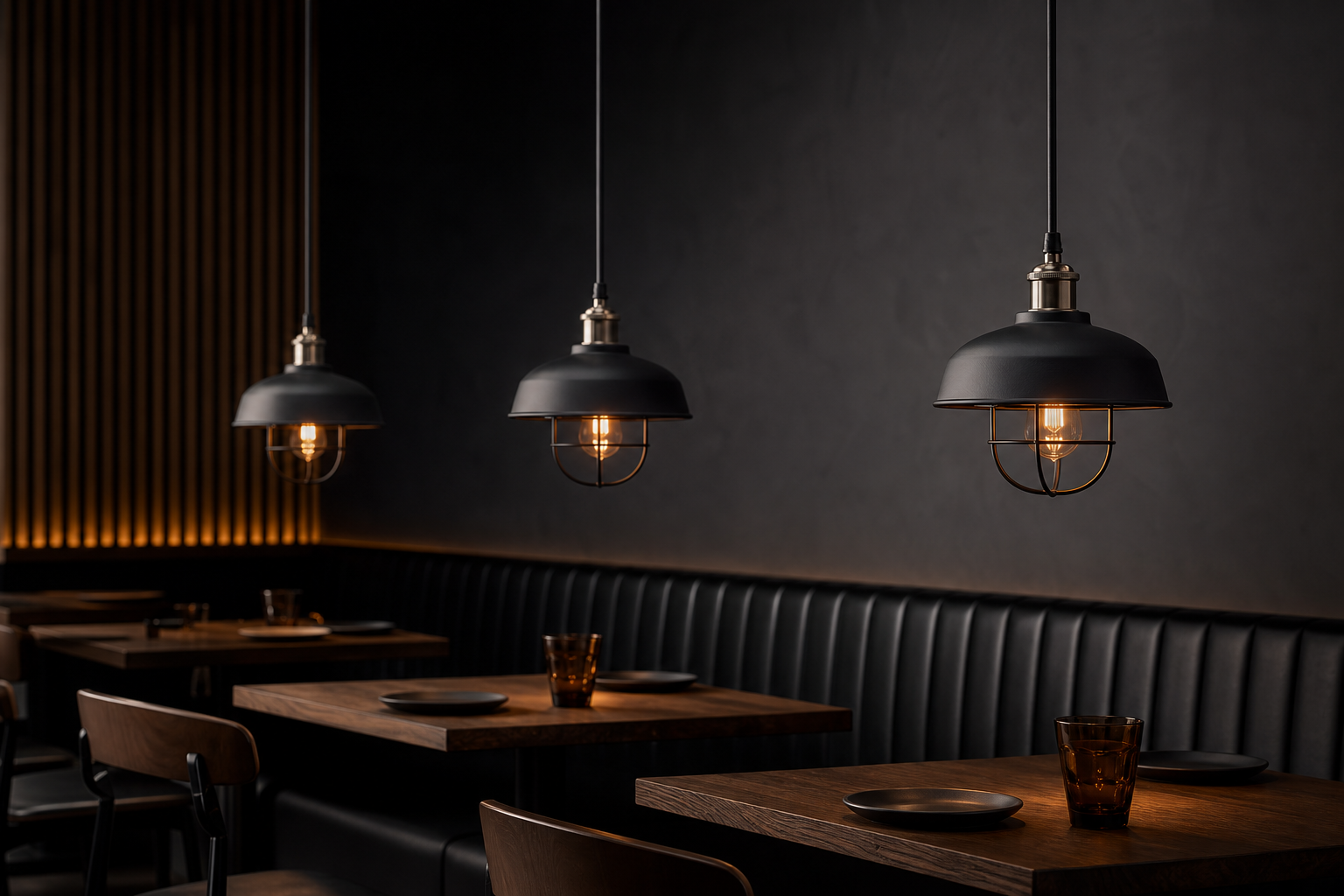 Moody restaurant interior with pendant lights over dining tables