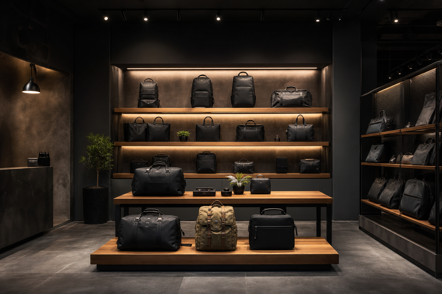 Dark retail store with spotlit merchandise displays
