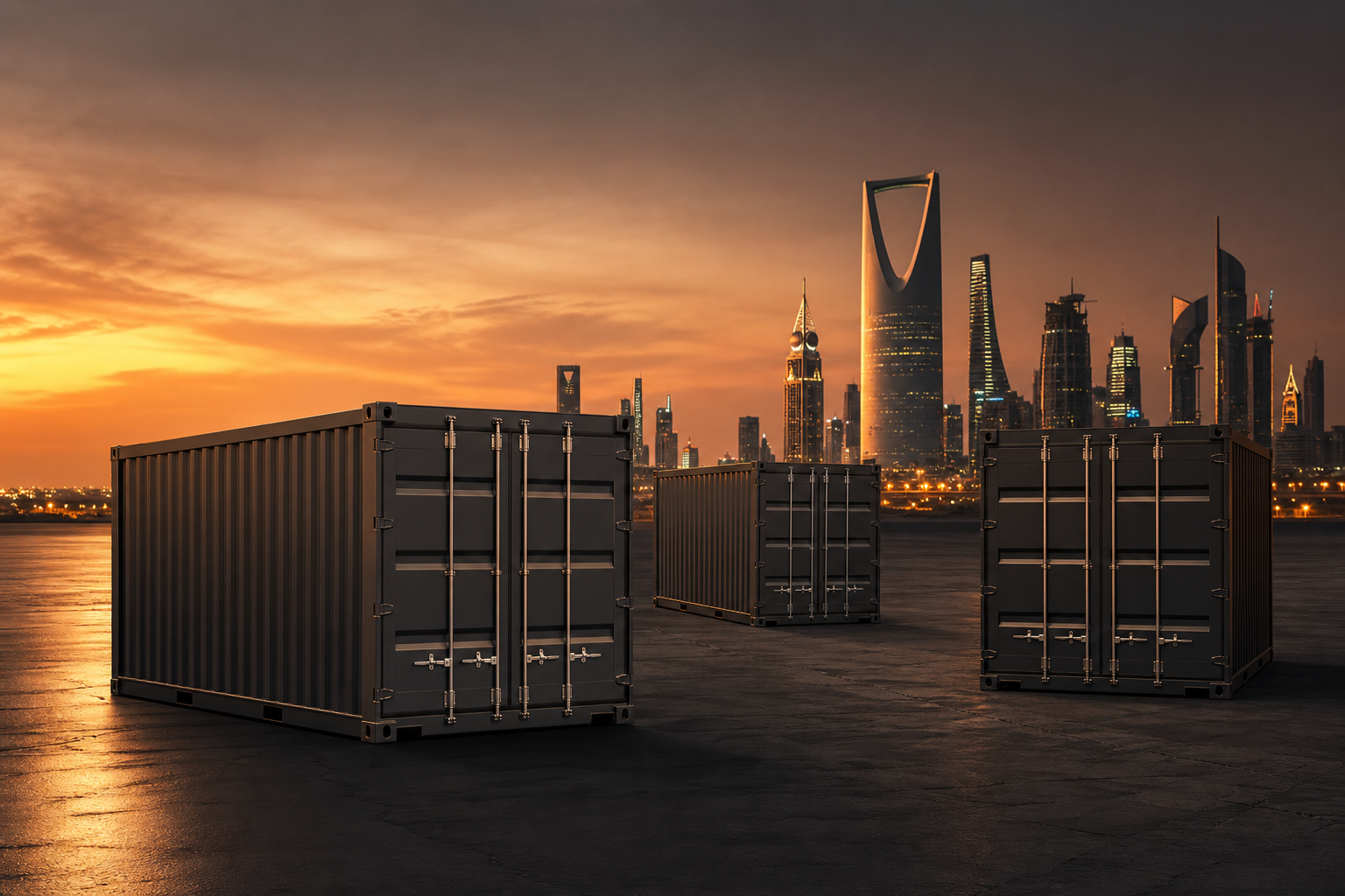 Cargo containers and a Saudi skyline at dusk with warm lighting