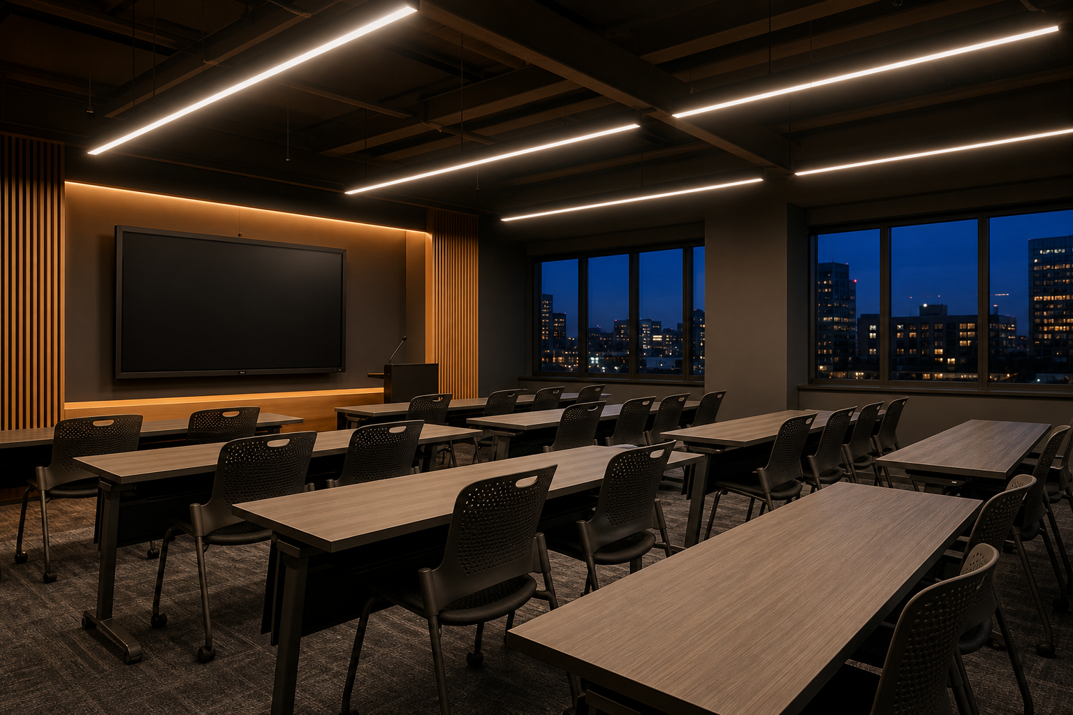 Modern classroom with anti-glare LED lighting in the evening
